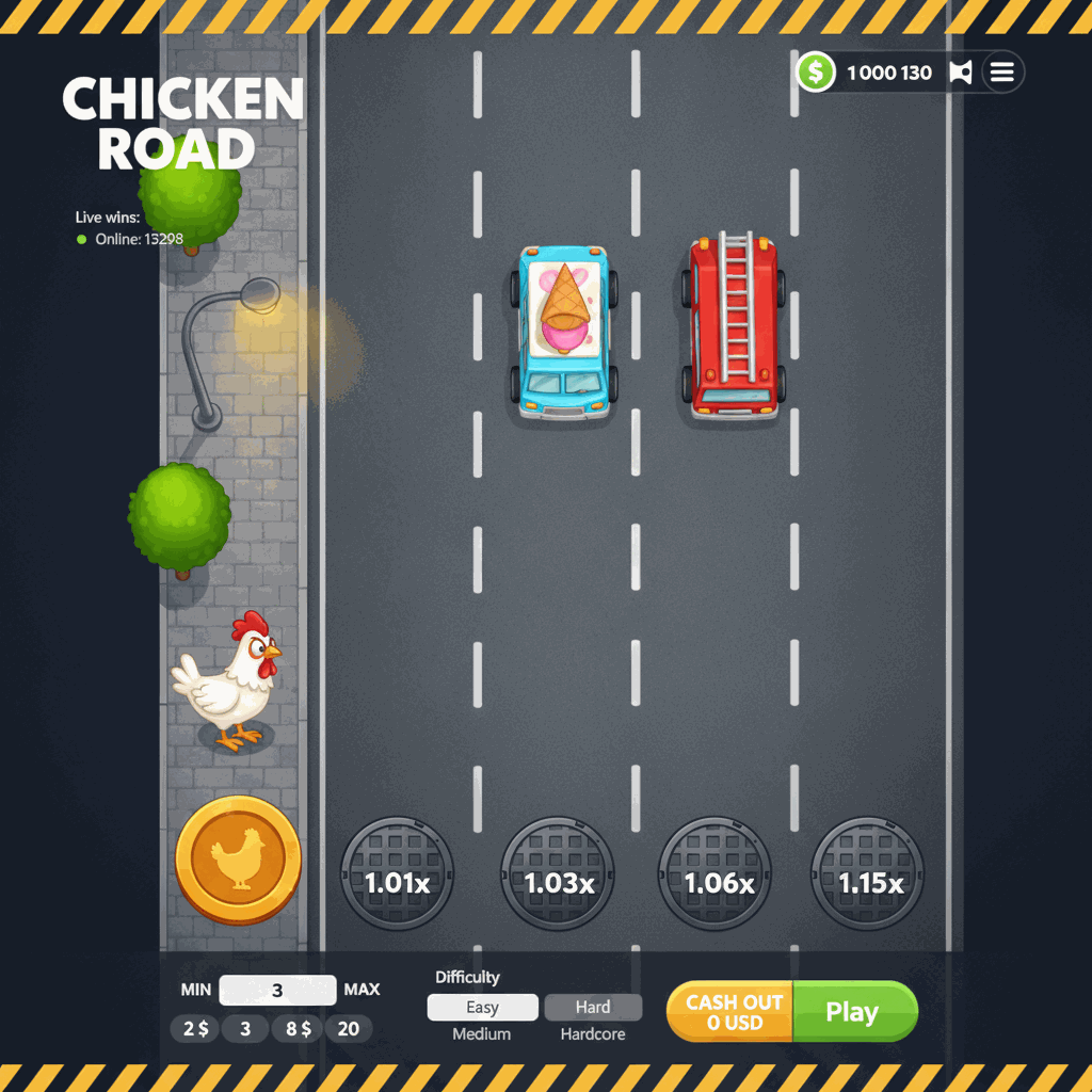 รcran de jeu Chicken Road montrant un poulet blanc prรชt ร traverser une route ร plusieurs voies vue de dessus, avec des manches de regard affichant les multiplicateurs progressifs sur chaque voie, dans un style cartoon urbain avec trottoir, lampadaires et arbres verts